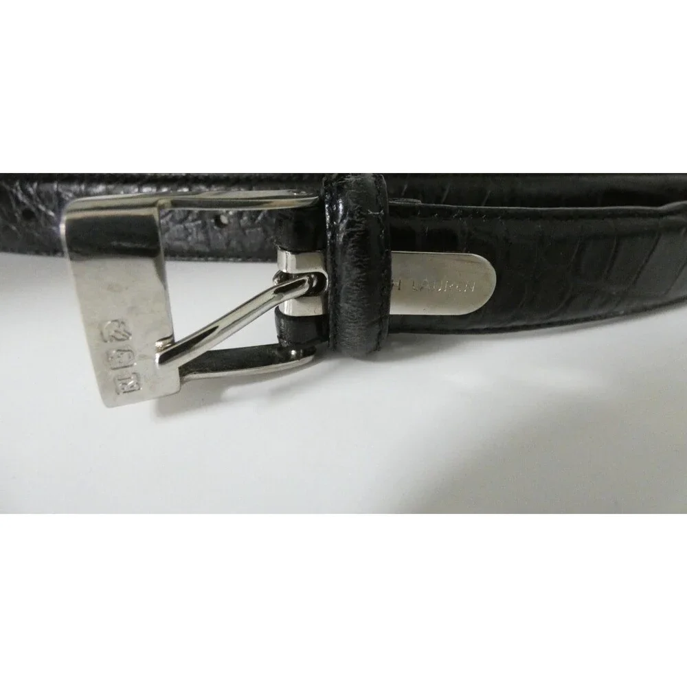 Ralph Lauren Womens S Black Alligator Leather Belt Silver Color Logo Buckle 32